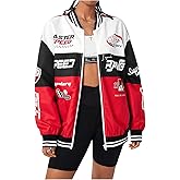 GORGLITTER Women's Y2k Varsity Jacket Racing Bomber Letterman Jackets Zip Up Oversized Letter Graphic Motorcycle Coats