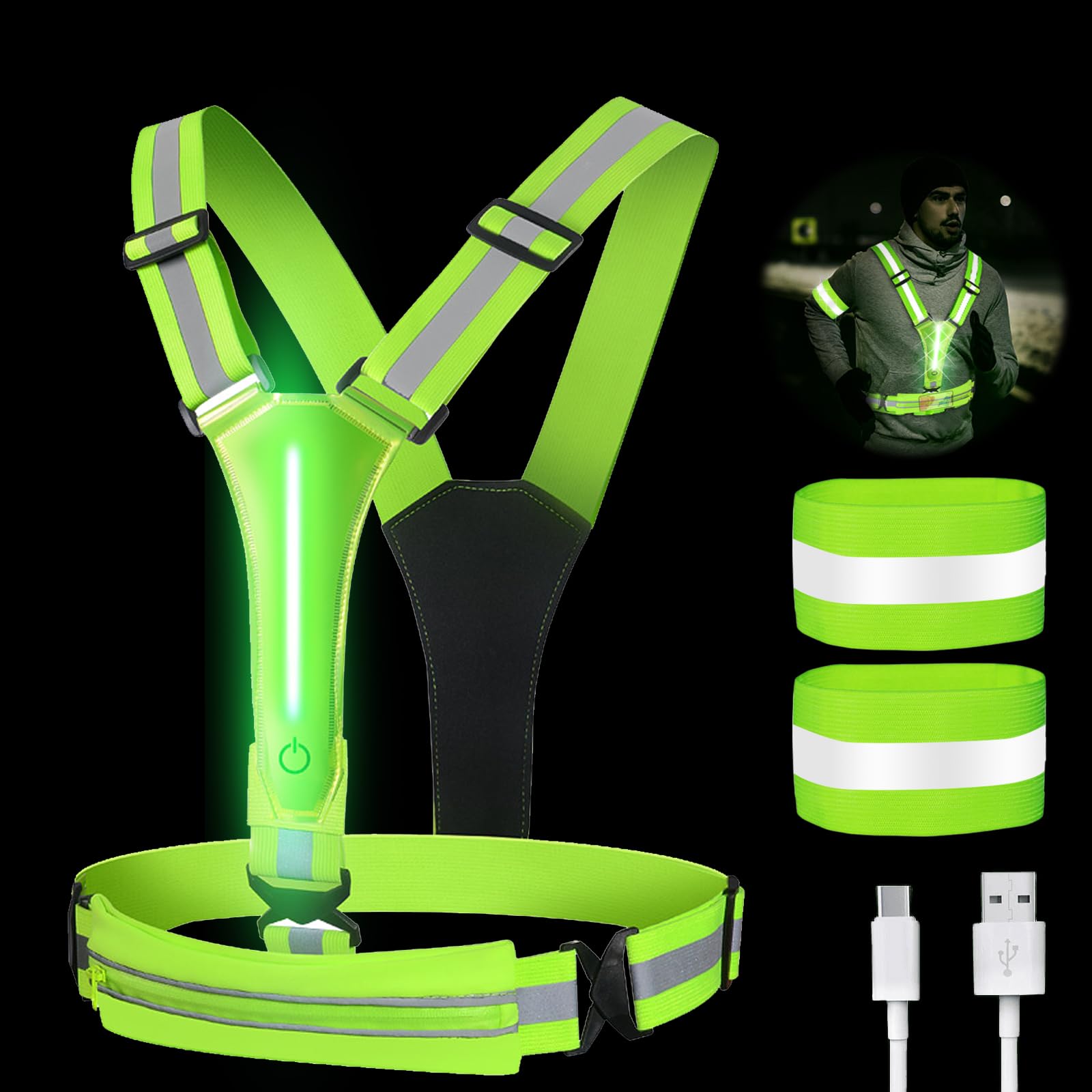 YOYIAG LED Running Vest Fluorescent Film Reflective Vest Gear with Two Reflective Wristbands Green Running Vest Phone Holder, USB Rechargeable Reflectiv Jogging Vest for Running, Cycling, Gym