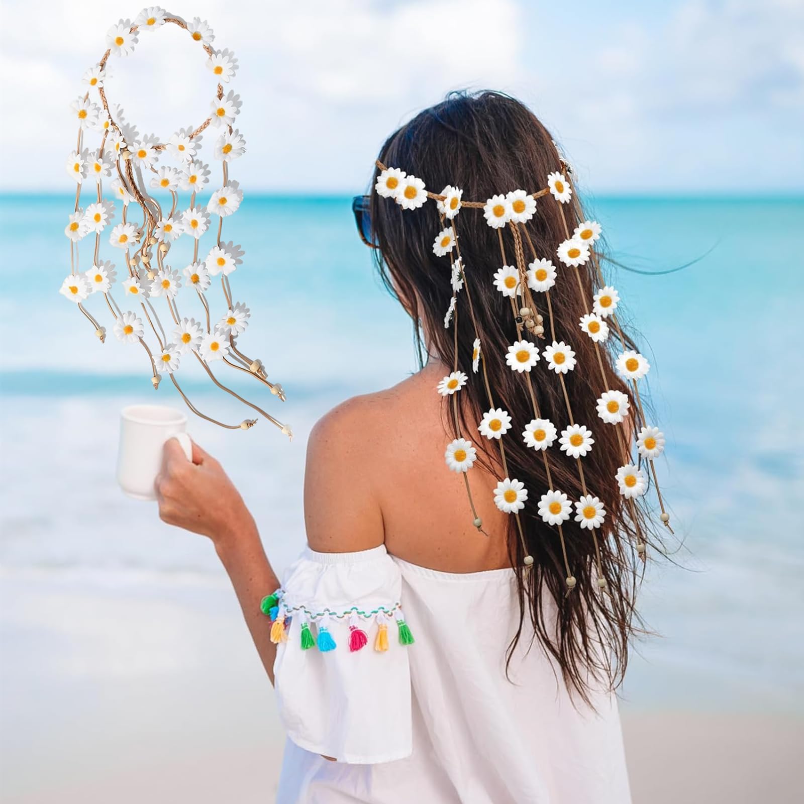 Sunflower Headband Daisy Hair Accessories Flower Crown Sunflowers Beach Boho Hairband Adjustable Tassel Hair Wreath Flowers Bands Women Cosplay Costume (White)