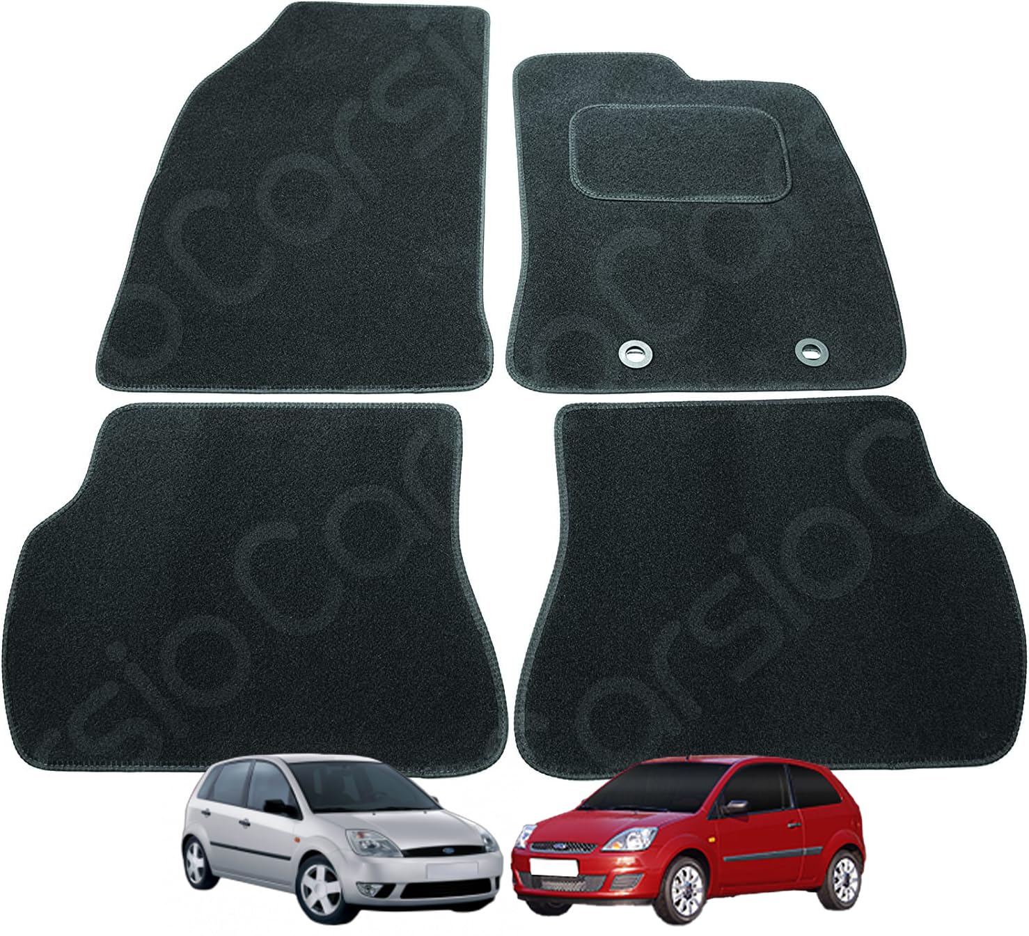 Carsio Carpet Car Mats For Ford Fiesta 2002 2008 (MK6) 4 Piece Set with 2 Oval Clips Tailored Fit Floor Mat Complete Accessory Black Custom Fitted - All Weather, Anti-Slip Backing & Black Trim