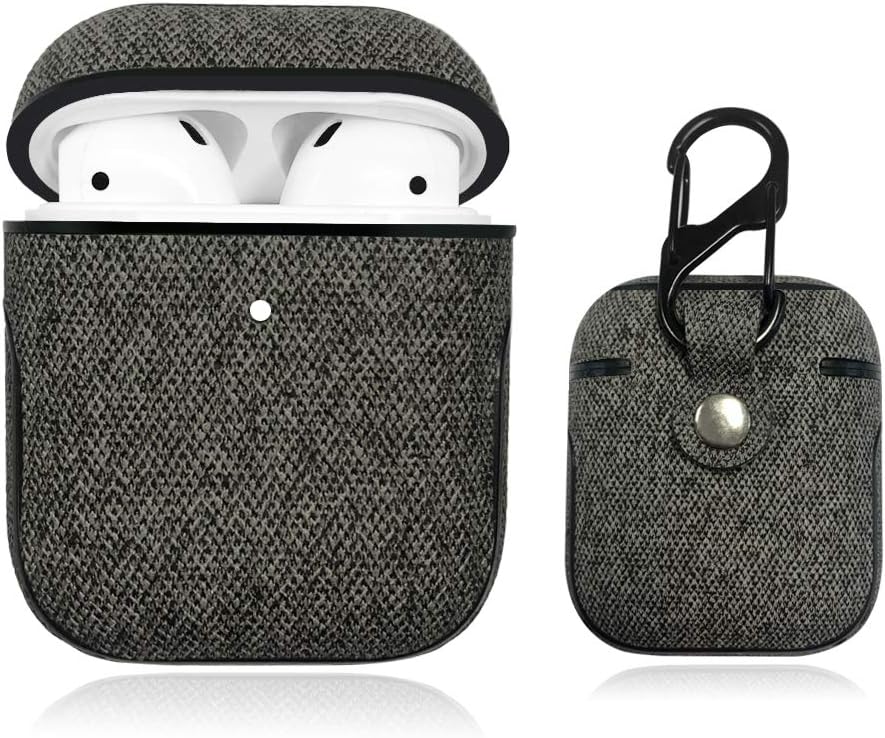 AirPods Case,AirPods Case Cover with Keychain,Luxury Leather Classic Design case,Imitation Denim Fabric,Compatible with Apple AirPods 2 and 1(Front LED Visible)-(Gray)