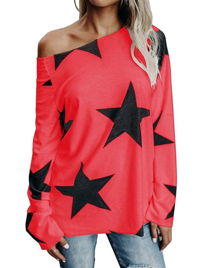 DoubleYI Damen Trägerlose Stern Druck Hemd Sexy aus Schulter Langarm Oberteile Tops Casual Jumper Pullover Sweatshirt