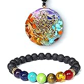 CELVIK 7 Chakra Lava Bracelet and Orgone Pendant Necklace with Adjustable Cord Healing Set – Chakra Jewelry Set for Women & Men for Spiritual Healing