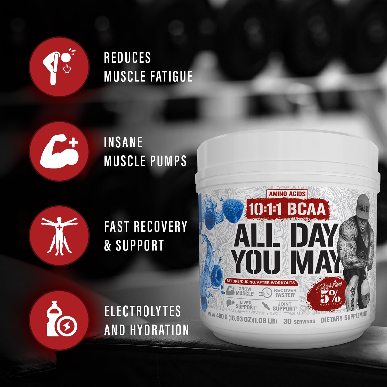 5% Nutrition Rich Piana AllDayYouMay BCAA Powder | Premium Intra & Post Workout Amino Acids, Hydration, Endurance, Muscle Recovery, Joint & Liver Support | 16.93 oz, 30 Servings (Fruit Punch)