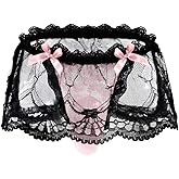 ChiaoLezhee Mens Lace Sexy Underwear, Sissy Pouch Panties Femboy For Men, Low Rise Bow Lingerie Fits 34-42, Sheer Girly