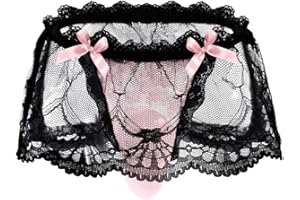 ChiaoLezhee Mens Lace Sexy Underwear, Sissy Pouch Panties Femboy For Men, Low Rise Bow Lingerie Fits 34-42, Sheer Girly