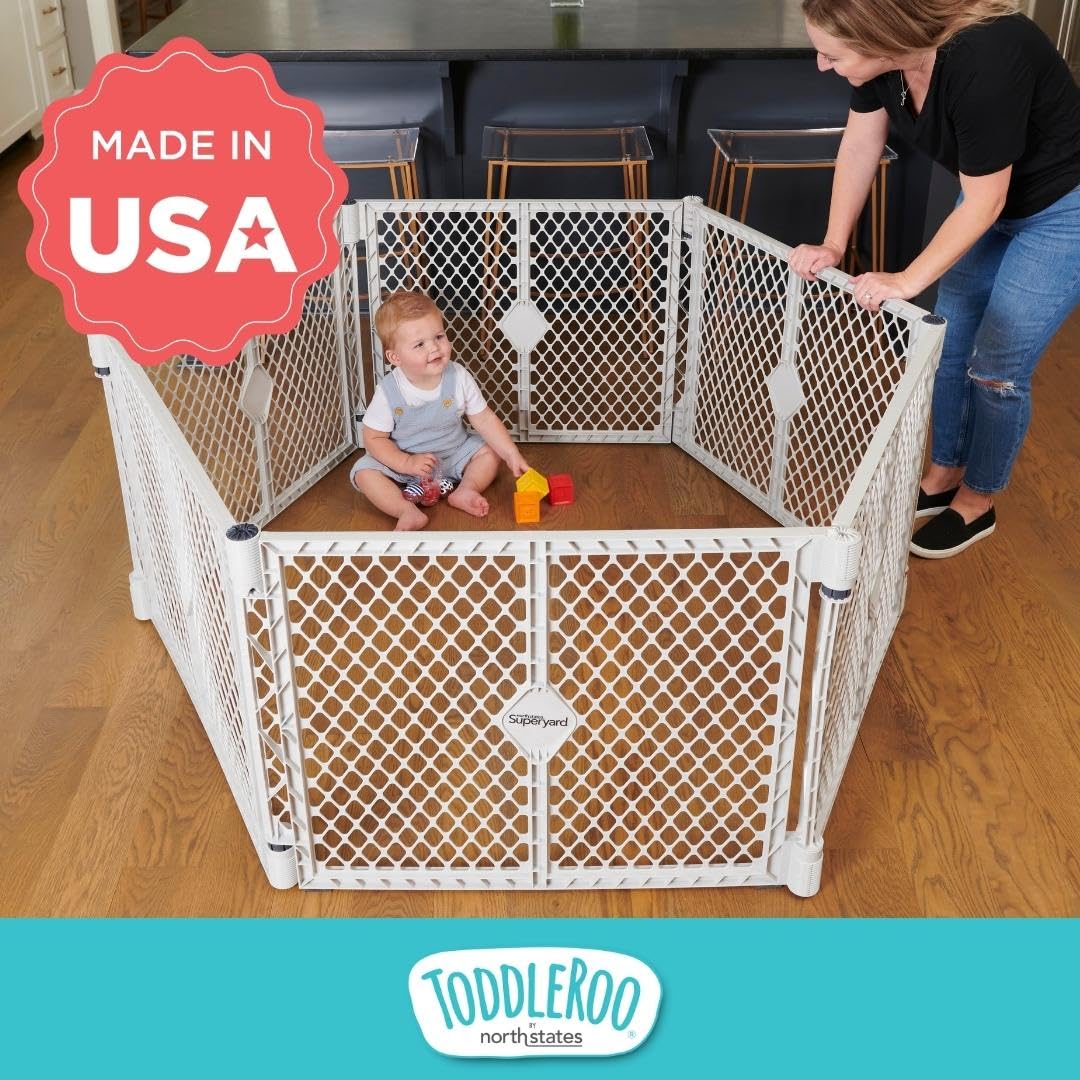 Toddleroo by North States - Superyard Baby Play Yard: Freestanding 6-Panel Baby Playpen - Indoor or Outdoor Use - Made in USA - Encloses Up to 18.5 Square Feet - 26 Inches Tall - Light Gray