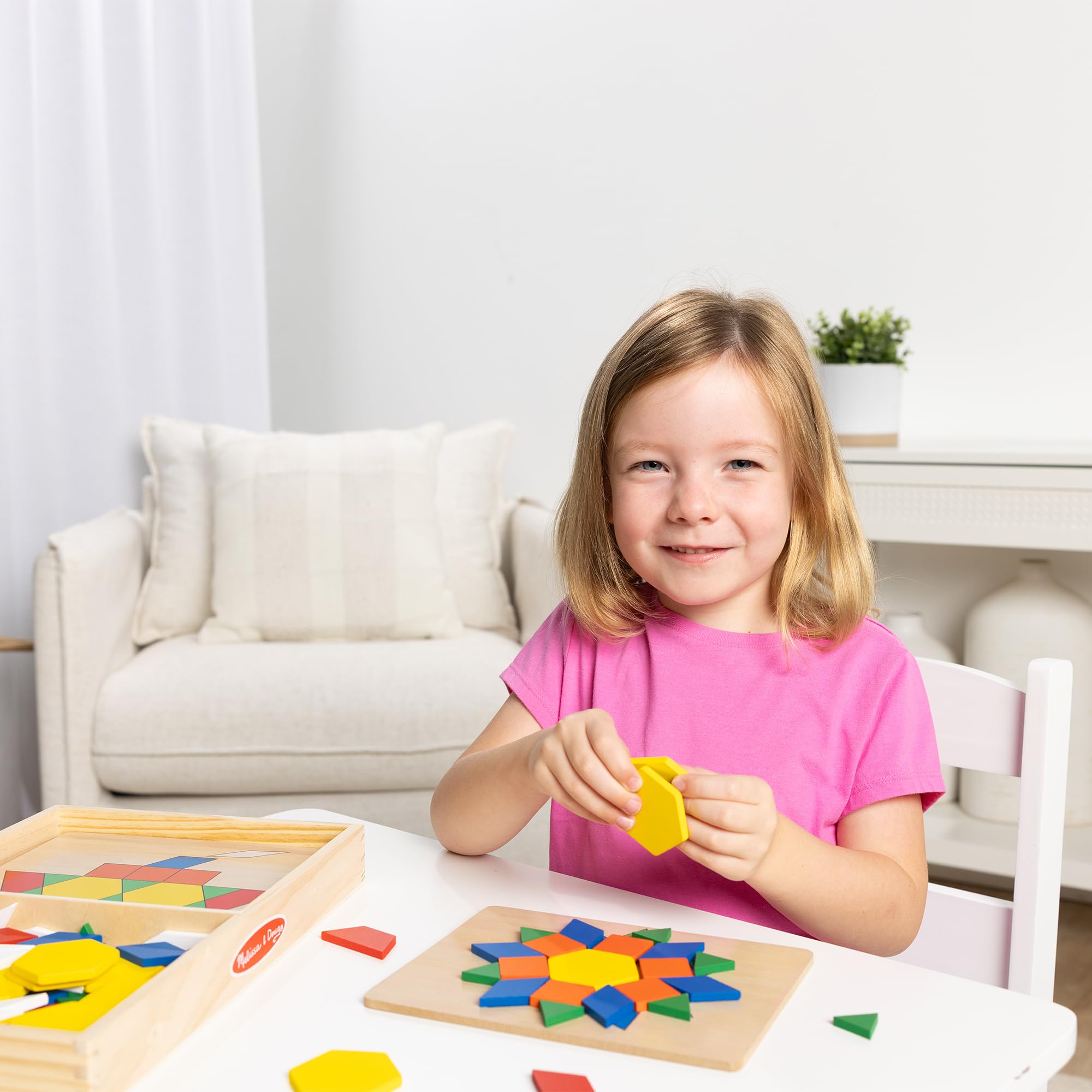 Melissa & Doug Pattern Blocks and Boards with 120 Multi-Colored Wooden Shape Tiles, 5 Double-Sided Puzzle Boards, Tangram Puzzles, Montessori Toys for Girls & Boys