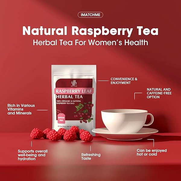 IMATCHME RASPBERRY TEA FOR CHILDBIRTH & SUPPORT MENSTRUAL AND DIGESTION SUPPORT, RASPBERRY LEAF TEA, NO CAFFEINE, NON-GMO, 40 TEA BAGS