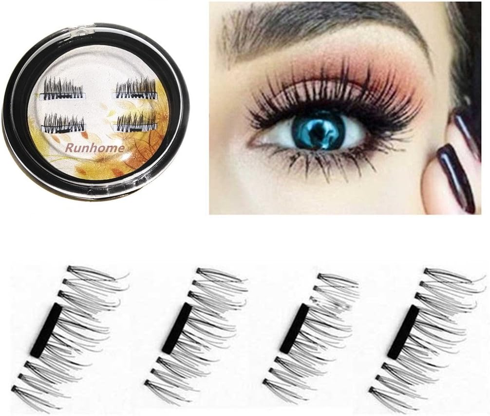 [Upgraded Version] Runhome Easy to Apply Magnetic False Eyelashes Extension, GLUE FREE Hand Made Ultra Thin Natural Look Extension, Reusable 0.2mm Magnet Eye Lashes with magnetic Case 1 Pair/4PCS