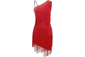Women One Shoulder Fringe Latin Dance Dress Rhinestone Jazz Salsa Tassel Rave Costume Flapper Ballroom Dance Outfits