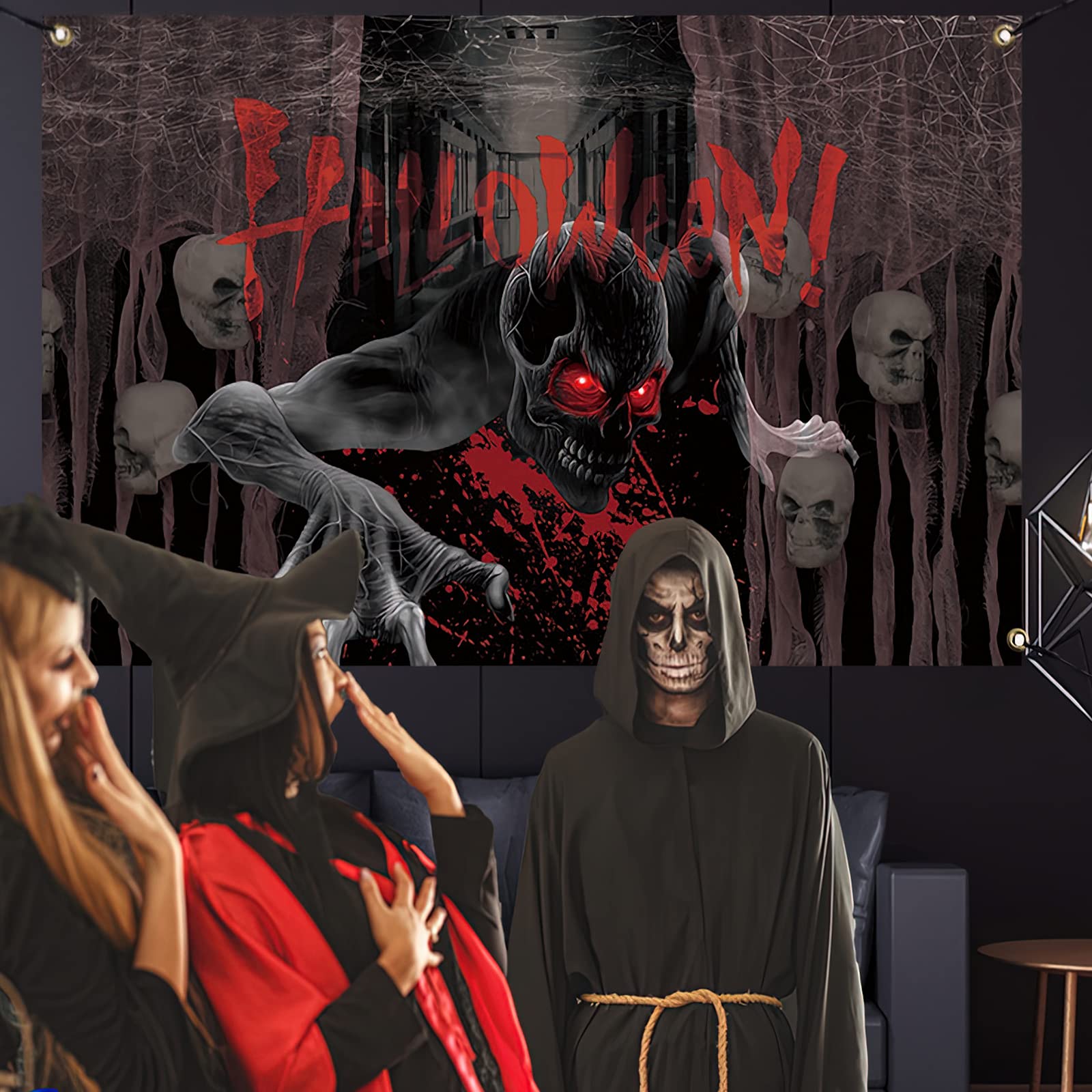 5.9x3.6ft Halloween Fireplace Photography Backdrop Creepy Spooky Grim Reaper Background Halloween Party Decoration Haunted House Cloth Banner Photo Booth Studio Mini Sessions Props