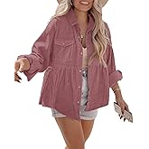 Ashuai Womens Corduroy Peplum Shacket Jacket Long Sleeve Button Down Babydoll Shirts Oversized Casual Blouses Tops