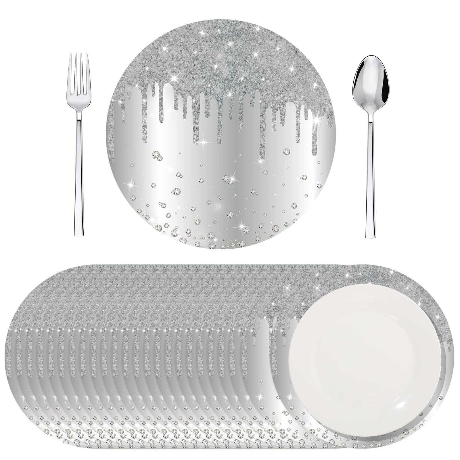 Photo 1 of Dispowreath 120 Pieces Silver Paper Placemats 13 Inch Glitter Diamonds Round Disposable Table Mats Decorative Paper Mats for Dining Wedding Birthday Silver Glitter Banquet Party