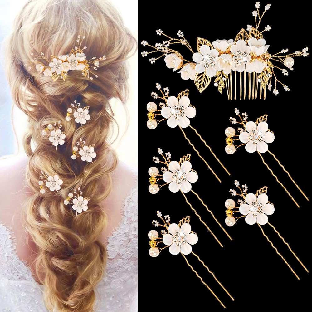 Photo 1 of Galuobal 6 Pcs White Flower Bridal Wedding Hair Pins and Comb Set Gold Wedding Hair Accessories with Pearls and Crystals Elegant Headpiece for Brides Bridesmaids