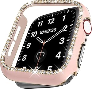 VATI Bling Case Compatible with Apple Watch Case 44mm Series SE/6/5/4, Stylish Women Girls Crystal Lightweight Rhinestone Hard PC Shockproof Bumper Protective Case Covers for iWatch 44MM (Pink/Gold)