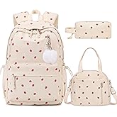 ACESAK Backpack for Girls - Corduroy Girls Backpack with Lunch Bag & Pencil Pouch for Teen Kids Laptop Backpack for Women, Middle High School Bookbag Travel Daypack (Beige Strawberry)