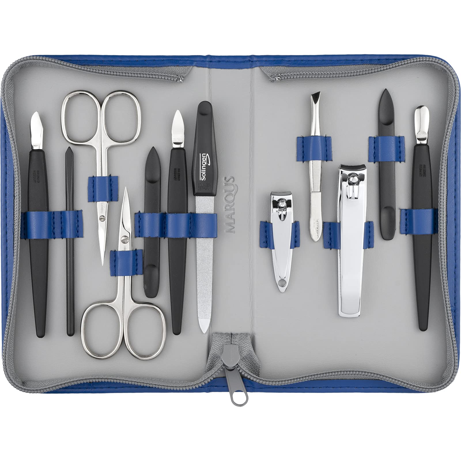 Solingen Manicure Set for Women and Men - 12 pcs kit - made in Germany incl. nailclippers & pedicure tools - Fashion leather case ideal for travelling, blue