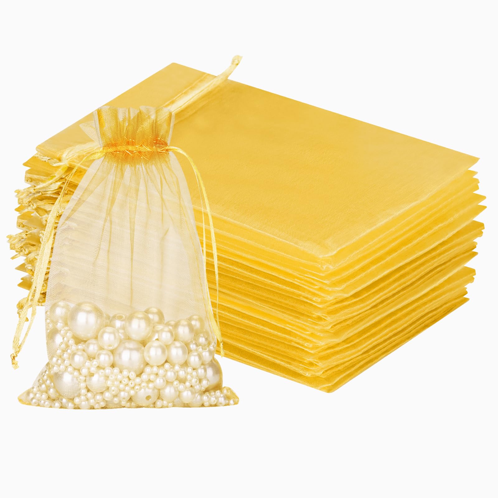 100 x Organza Gift Bags with Drawstring for Wedding Gifts, Sweets, Jewellery (Gold)