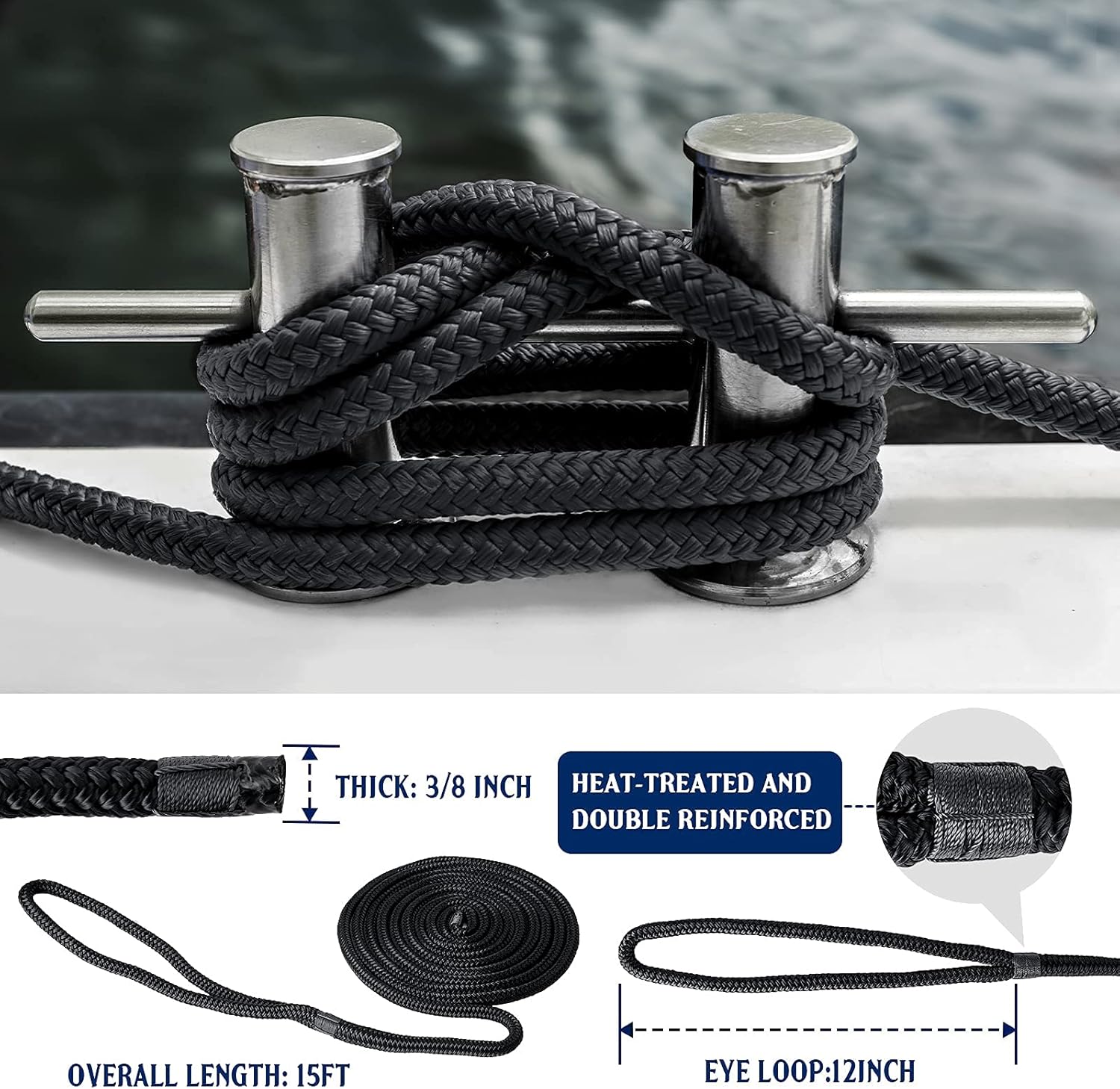 Dock Lines & Ropes Boat Accessories - 3/8" x 15' Double Braided Nylon Dock Lines with 12” Loop, Excellent 5800 lbs Breaking Strength Marine Rope for Kayak Pontoon Boats up to 30ft, Boating Gifts: Automotive
