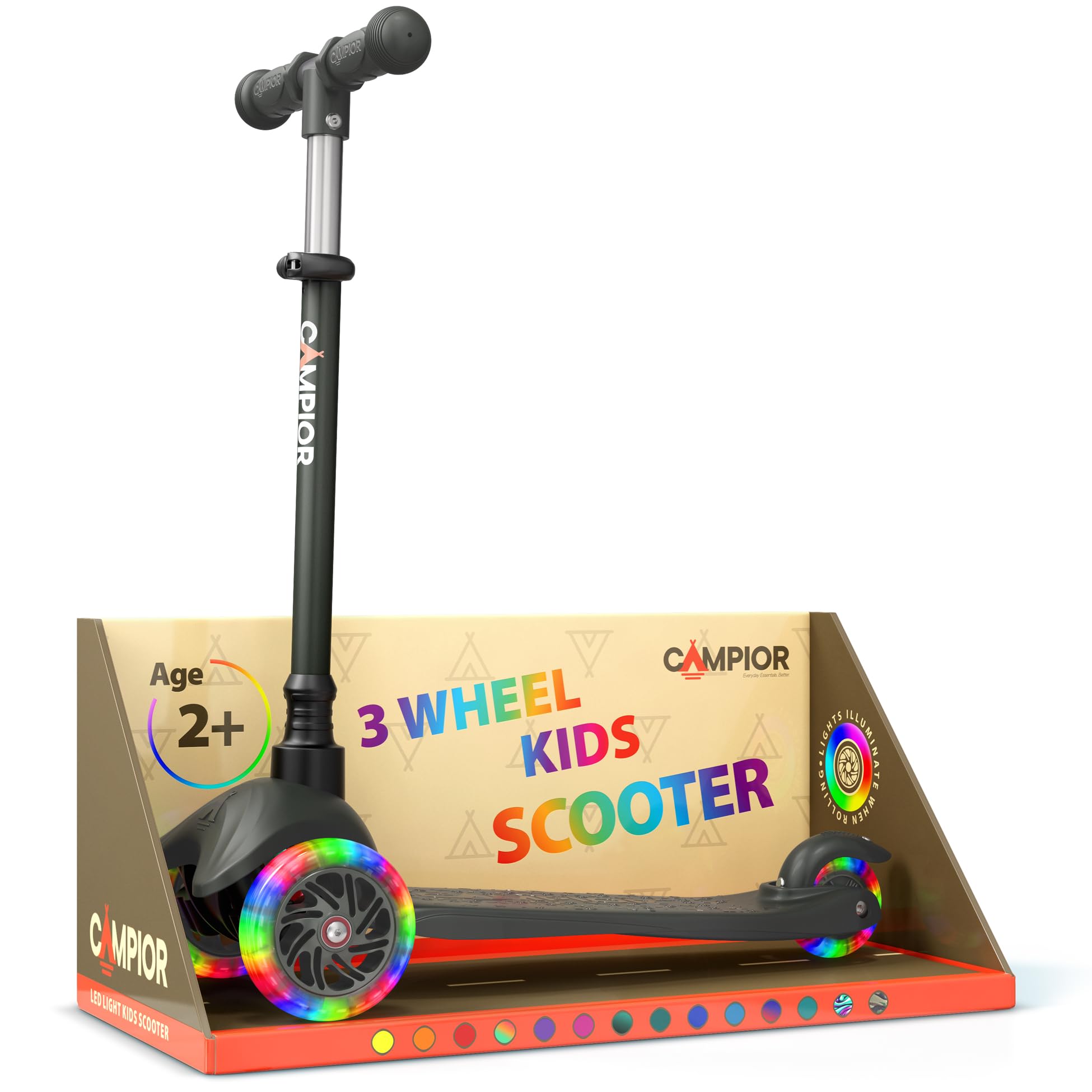 Photo 1 of Campior Black Mini 3 Wheel Scooter for Kids – Lean-to-Steer with LED Light-Up Wheels, Adjustable Handlebar, Wide Anti-Slip Deck, Smooth PU Wheels, Rear Foot Brake – Toddler Scooter for Ages 2+