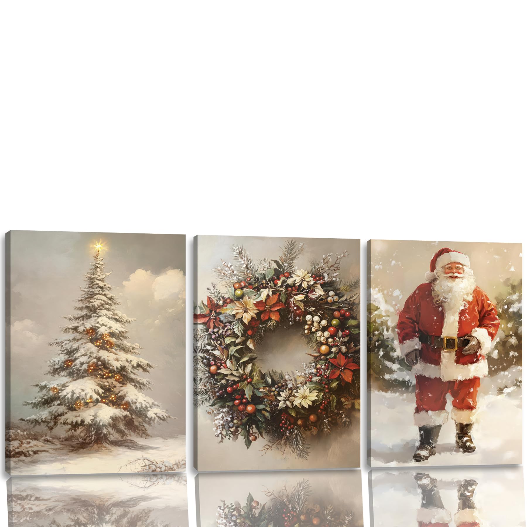 Photo 1 of 3 PCS Christmas Tree Canvas Wall Art Santa Claus Painting Poster Christmas Wreath Wall Decor Winter Picture for Living Room Bathroom Bedroom Home Decoration 12*18 in ( Stretched Canvas on A Wooden Frame)