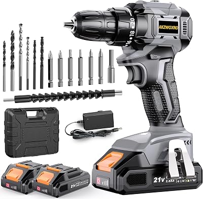 Akkuschrauber Bürstenlos 21V, Akku Bohrschrauber mit 2 Akkus 2.0Ah, 45N.m Akku Bohrmaschine, 2 Gang, 20+1 Drehmomentstufen, LED Licht, 14tlg Zubehöre Set für Garten DIY Projekt, Grau