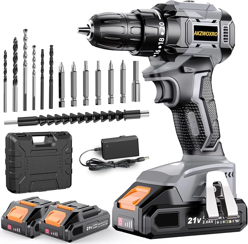 Akkuschrauber Bürstenlos 21V, Akku Bohrschrauber mit 2 Akkus 2.0Ah, 45N.m Akku Bohrmaschine, 2 Gang, 20+1 Drehmomentstufen, LED Licht, 14tlg Zubehöre Set für Garten DIY Projekt, Grau — Foto 1 von 7