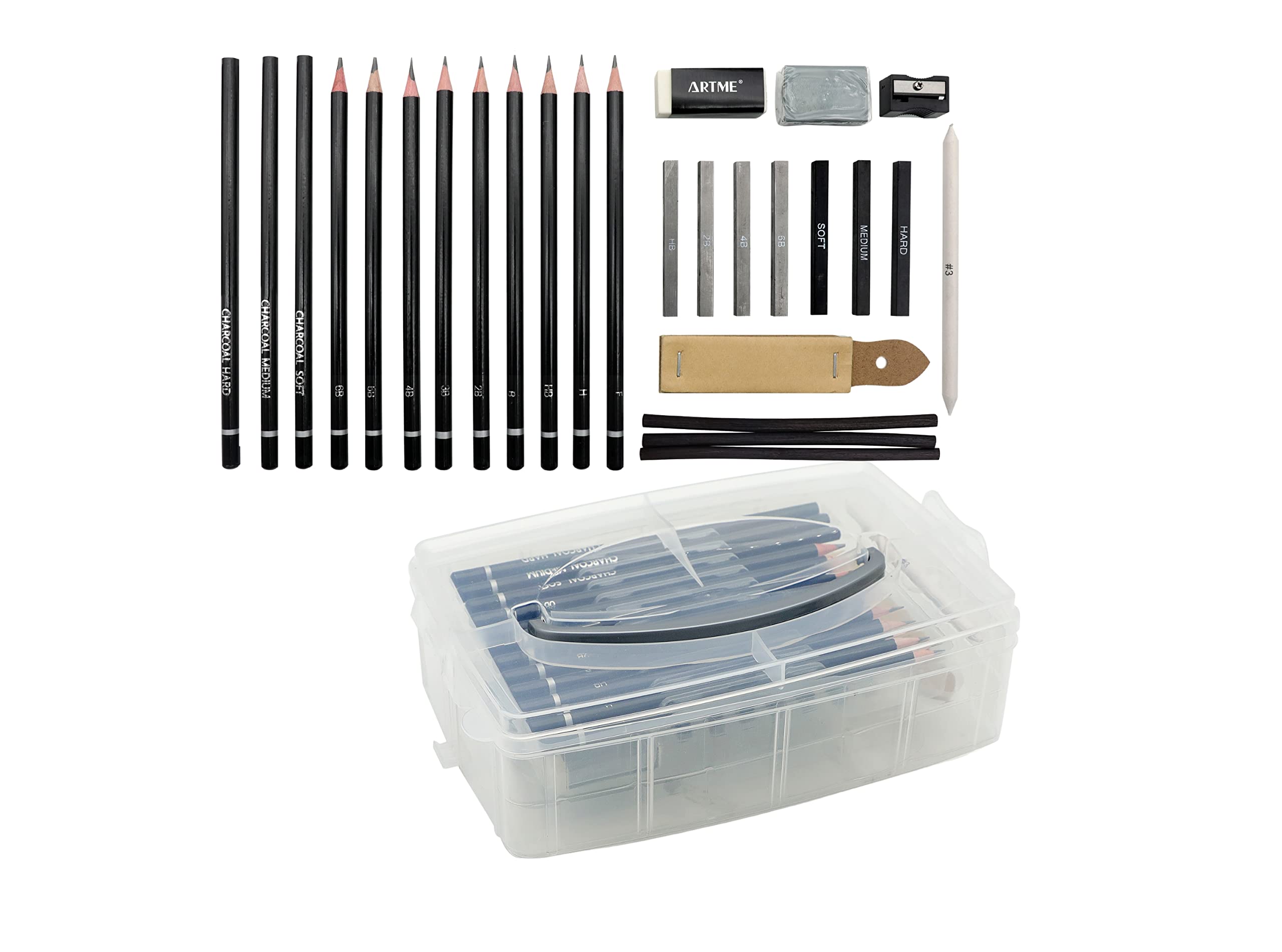 Artme Graphite Sketching Set - Graphite & Charcoal Pencils, Sticks, Putty And White Rubber, Sharpener, Stump