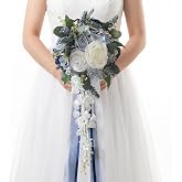 Dusty Blue &amp; White Cascading Bridal Bouquet, Wedding Bouquets for Bride | Artificial Silk Cascading Bouquet for Boho Rustic Weddings, Photo Props &amp; Wedding Decorations