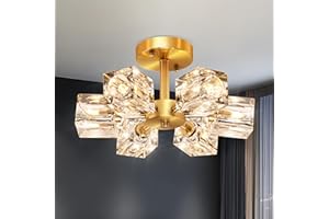 OKES Semi Flush Mount Ceiling Light Fixture Modern 6 Lights Gold Crystal Chandelier,Brushed Nickel Sputnik Chandeliers for Hallway Entryway Bedroom Dining Room Farmhouse Kitchen Office
