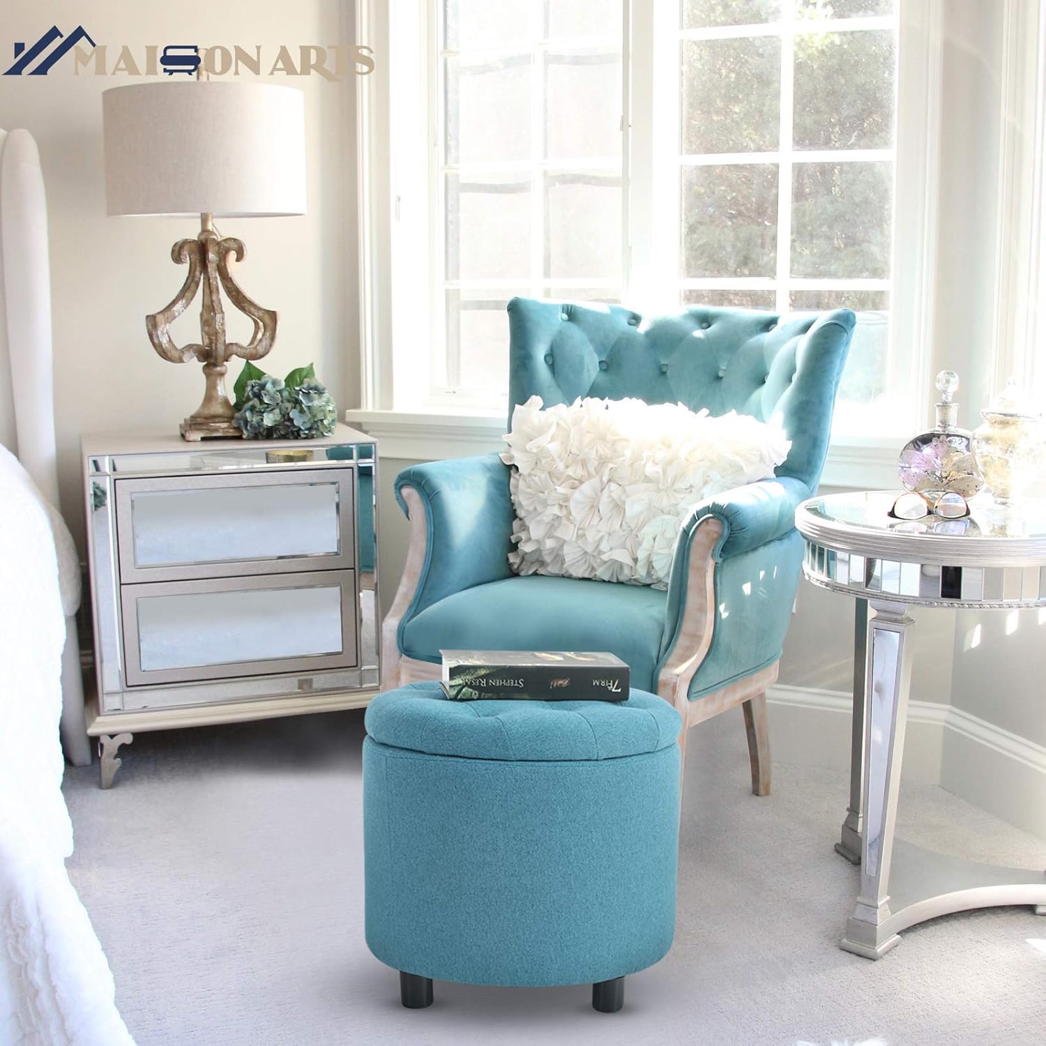 MAISON ARTS Round Storage Ottoman Foot Stool Vanity Stool Tufted Pouf Ottoman Side Table for Living Room Bedroom Seat Dressing Chair Footrest, 4 Legs, Blue: Kitchen & Dining