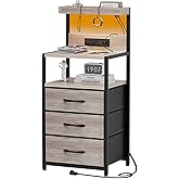 SZLHANJZ Night Stand with Charger Station, 3 Drawers Nightstand with Storage and LED Lights, Shelves, and Hooks, Bed Side End Table for Bedroom Dorm, Greige