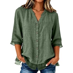 Womens 3/4 Sleeve Button Down Shirts V Neck Patchwork Tops Loose Fit Trendy Dressy Blouses Business Casual T-Shirt