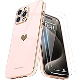 Teageo for iPhone 15 Pro Max Case with Screen Protector [2 Pack] Girl Women Cute Girly Love-Heart Luxury Gold Soft Cover Camera Protection Silicone Shockproof Phone Case iPhone 15 Pro Max, Light Pink