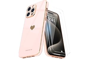 Teageo for iPhone 15 Pro Max Case with Screen Protector [2 Pack] Girl Women Cute Girly Love-Heart Luxury Gold Soft Cover Camera Protection Silicone Shockproof Phone Case iPhone 15 Pro Max, Light Pink