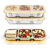 3 Pack Stainless Steel Snack Containers with Lids, Reusable Metal Food Storage Containers, 3 Compartment Leakproof Snack Box, Portable Bento Lunch Snack Boxes for Home, Travel, Outdoor and Camping
