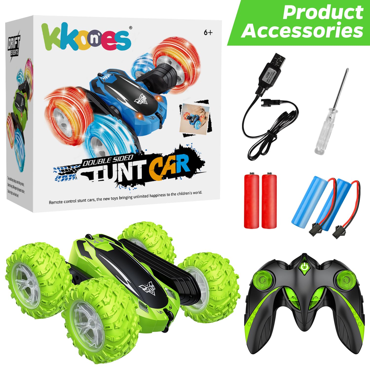 KKONES Remote Control Car, 2.4GHz Electric Race Stunt Car, Double Sided 360° Rolling Rotating Rotation, LED Headlights RC 4WD High Speed Off Road Gift for 3 4 5 6 7 8-12 Year Old Boy Toys (Green)