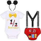Baby Boy Half Way To One Birthday Cake Smash Outfit Romper+Diaper Cover+Suspenders+Headband 4pcs Set Photo Shoot