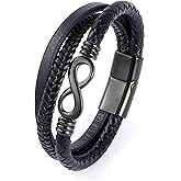 Udefwl Infinity Bracelet for men,Black Men Leather Bracelet Double Layered with Braided Rope and stainless steel Black/Gold Infinity Clasp