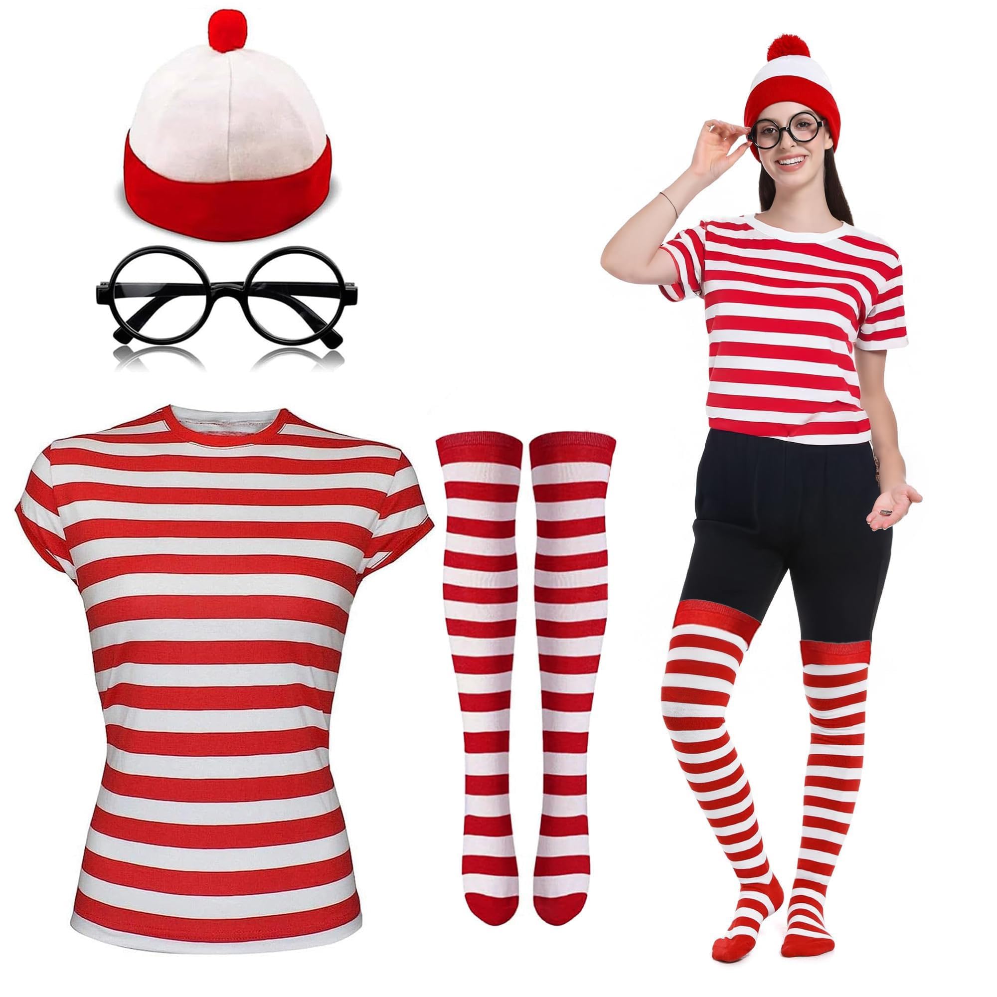 Gizelle LADIES WOMEN'S GIRLS WHERES WALLY STRIPS T-SHIRT KIT HEN PARTY COSTUME BOOK DAY (L, Red & White)