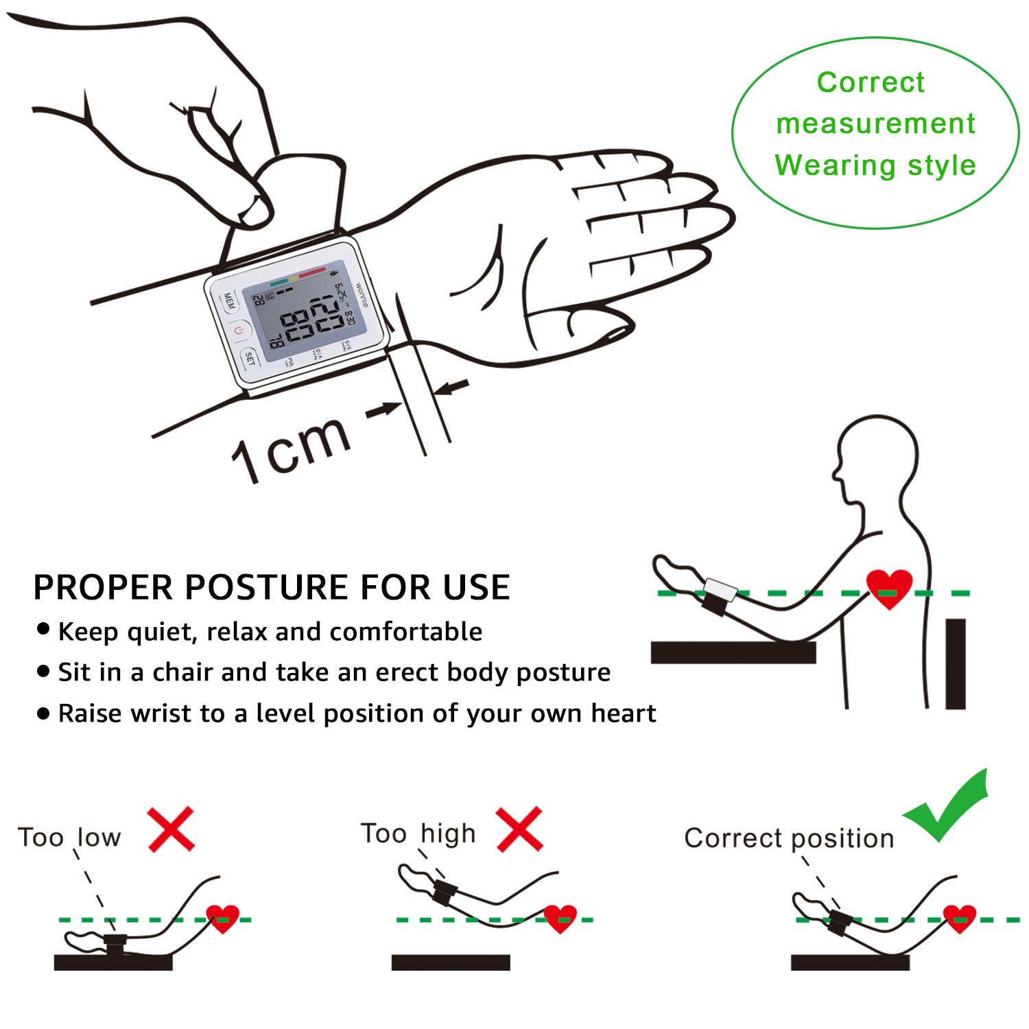 Handgelenk Blutdruckmessgerät, WONNIE hohe Messgenauigkeit vollautomatisches BP blutdruckmanschette Pulsmessung für zwei Benutzer (2x90 speicherbare) Heimgebrauch, FDA Zulassung Blood Pressure Monitor