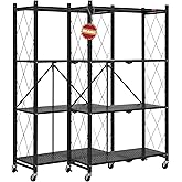 DEANIC 4 Tier Foldable Storage Shelves with Wheels, Large Capacity Shelving Unit, Freestanding Metal Wire Shelf Rack, No Assembly Organizer Rack for Garage Kitchen, Basement, Pantry(Black Pack of 2)