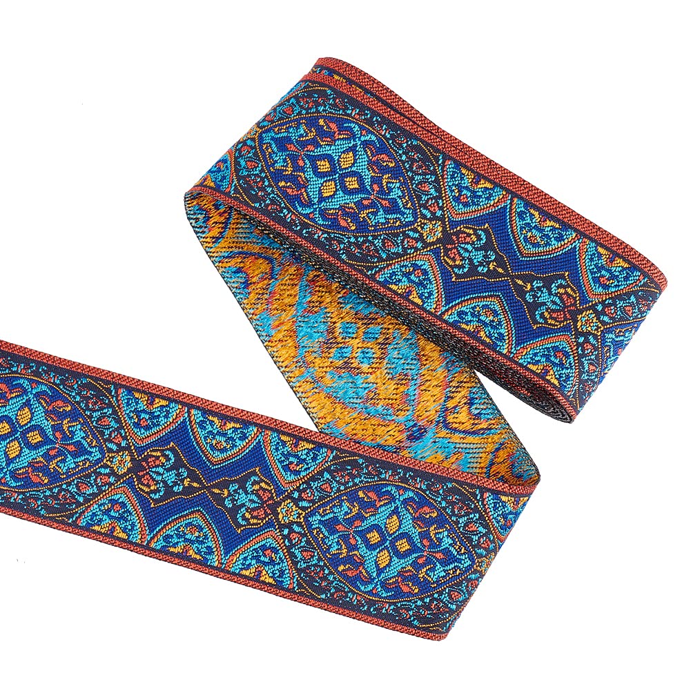 FINGERINSPIRE 5.5 Yards Jacquard Ribbon Trim 50mm Wide Vintage Floral Embroidery Ribbon with Leaf Patterns Marine Blue Polycotton Boho Embroidered Trim Fabric for Sewing Crafting Home Decor