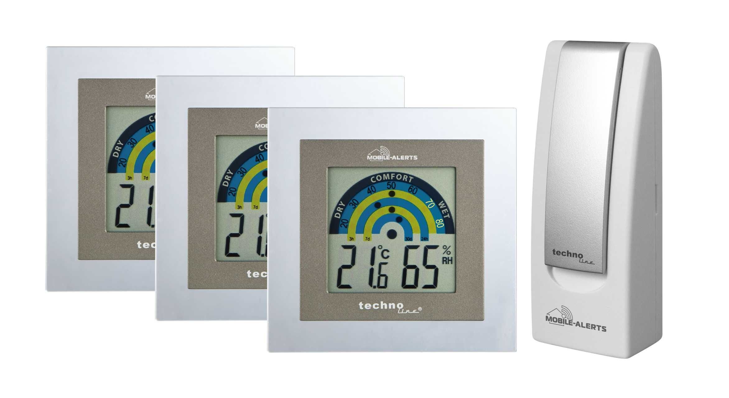 Mobile Alerts MA 10011 Room Air Conditioning Set Including 3 x MA 10230 and Gateway, Data Transfer to the Smartphone, Alarm via Push Notification, Alexa Compatible, Silver, 9.8 x 1.6 x 10 cm