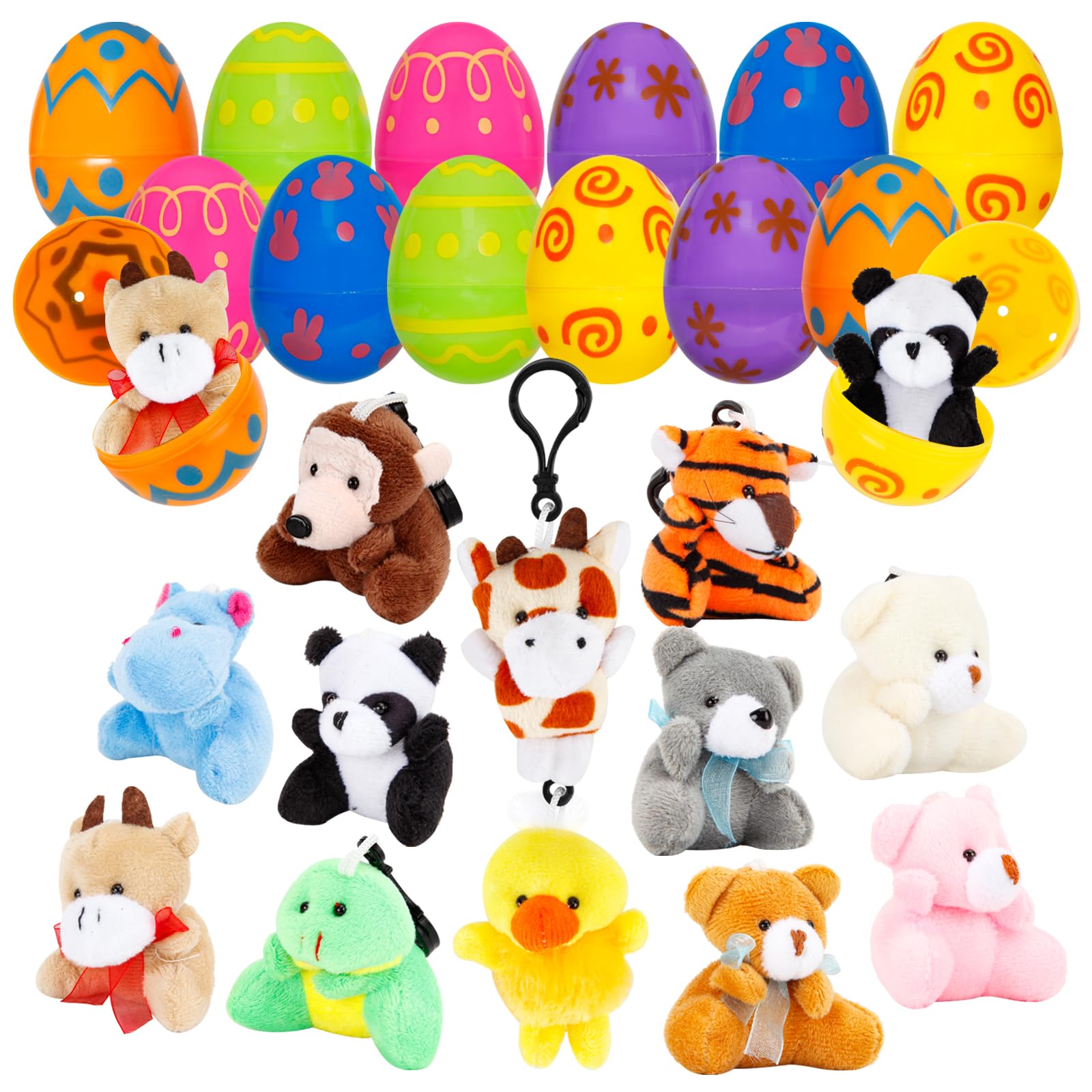ZJEFUNS 12 Pack Prefilled Easter Egg Fillers with Mini Animal Plush Toy Fillers for Easter Egg Hunt, Easter Basket Stuffers Gifts for 3-8 Year Old Kids Boys Girls Toddlers Easter Party Favors (Animal)