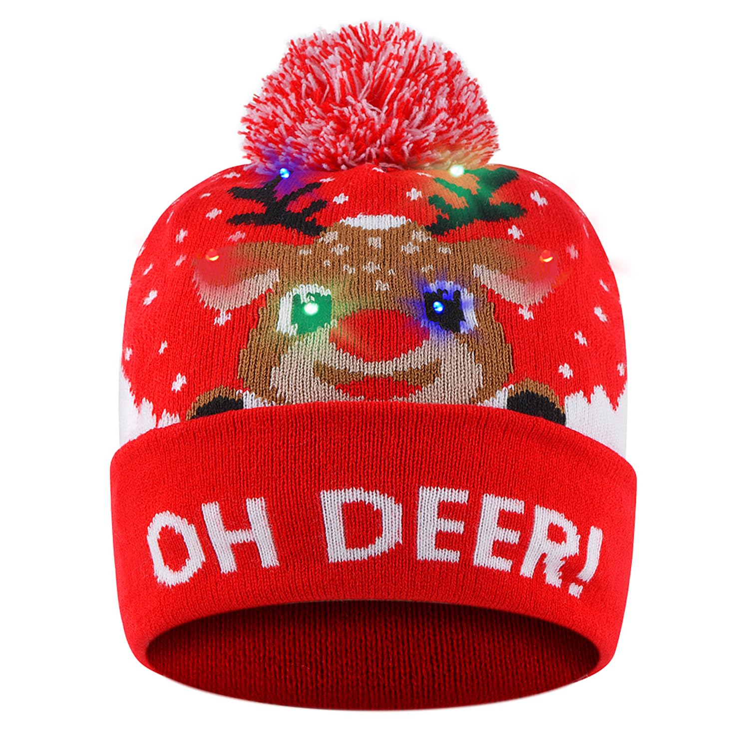 SHOKAN Light Up Christmas Hat, LED Christmas Hats with Lights, Reindeer Pattern Flashing Christmas Beanie Knitted Cap for Kids Adults Boys Girls, Glow In The Dark Flashing Christmas Party Hats, Red 2