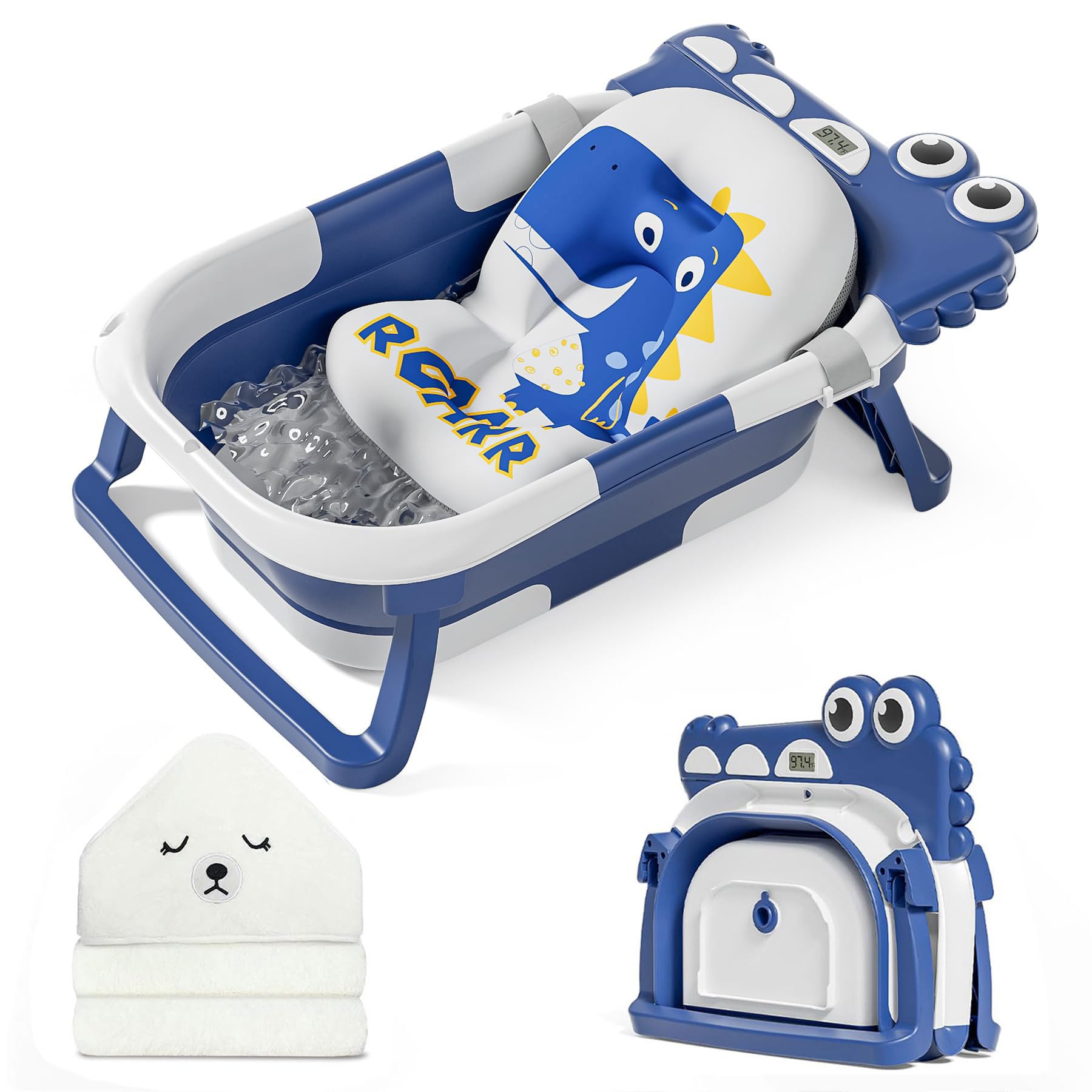 Photo 1 of MoreFeel Collapsible Baby Bathtub for Newborn with Thermometer & 1 Hooded Towel & 1 Soft Floating Cushion,Portable Travel Bathtub with Drain Hole, Durable Foldable Baby Tubs for Infants to Toddler