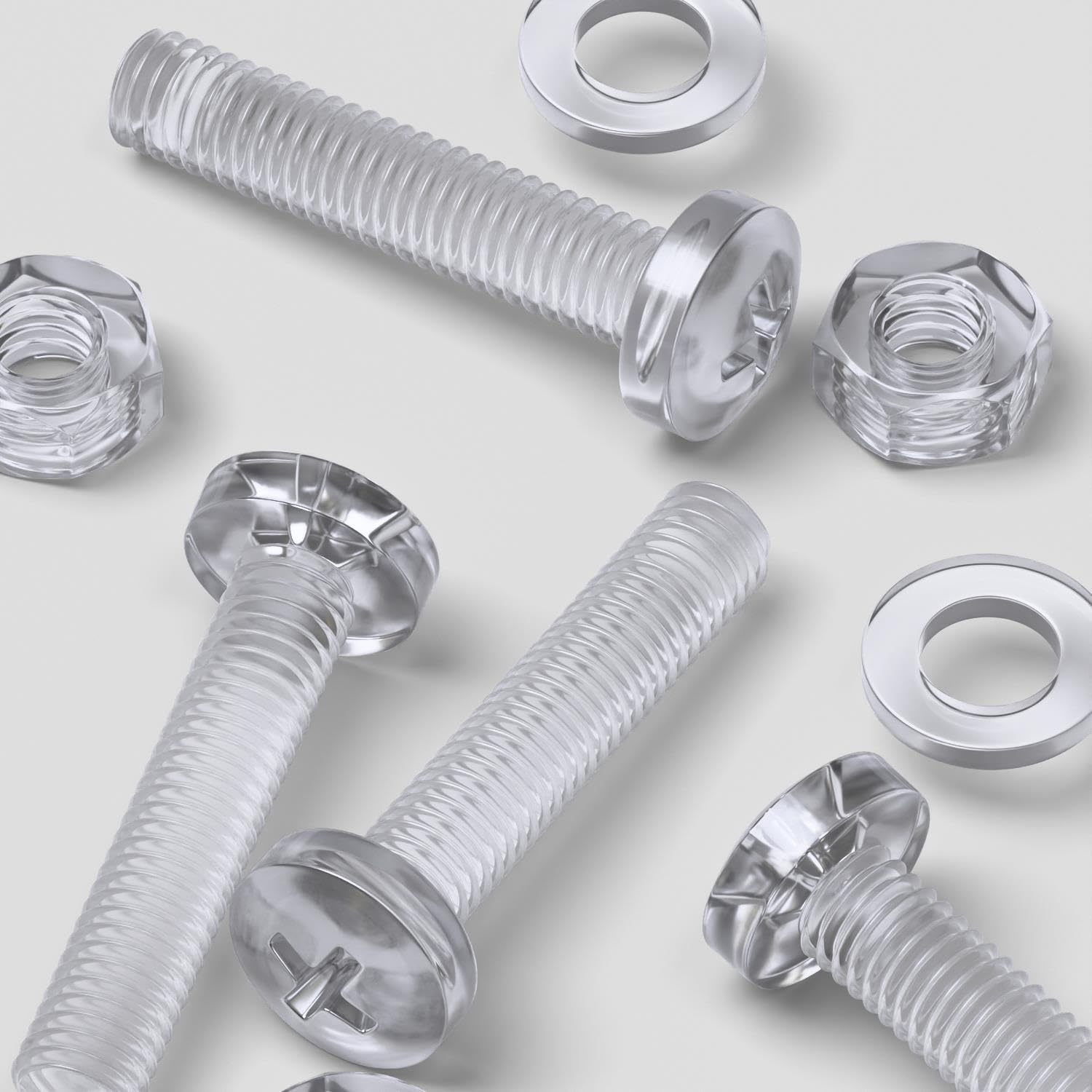 Pack of 60 Transparent Clear Plastic Acrylic M6 x 30mm Nuts & Bolts, Washers - Acrylic Plastic Screws