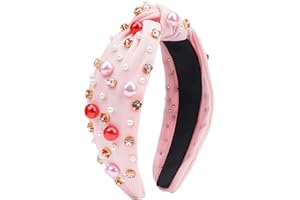 TULOBI Valentine's Day Headband for Women Pearl Knotted Headband Red Pink Pearl Rhinestone Crystal Jeweled Hairband Wide Top Knot Hairband Valentine’s Day Headpiece Holiday Outfits Gifts (Light Pink)